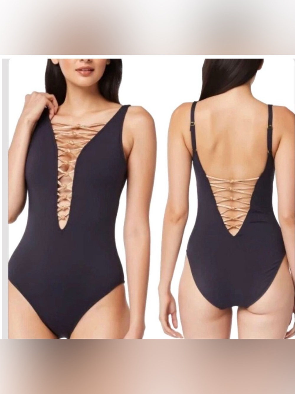 NWT Bleu Rod Beattie Metallic Knot Lace Plunge One Piece Swimsuit Black Sz8 $109